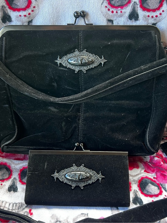 Killstar Handbags - Killstar Black Velvet Satchel and Matching Clutch with Silver Emblems